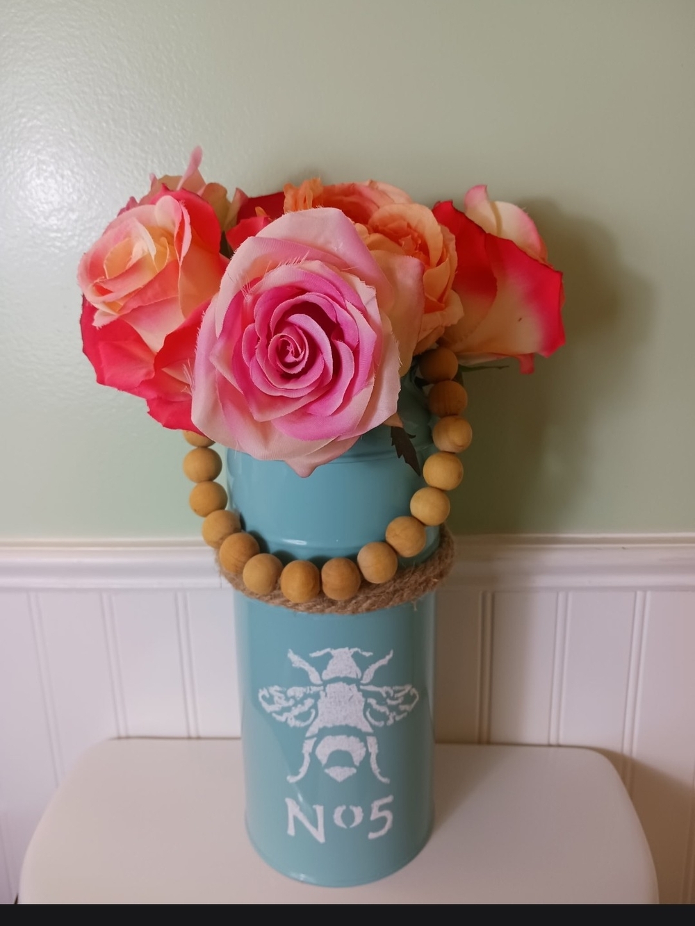 IKEA Turquoise Floral Vase with Pink and Peach Roses